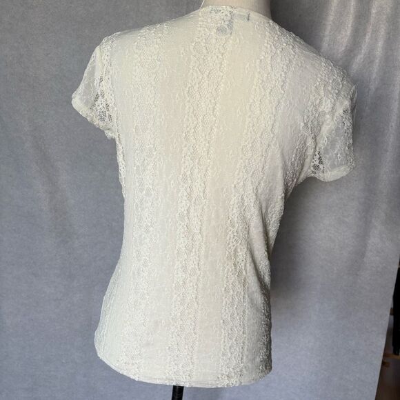 Vintage Ivory White V-neck Short-sleeve Lace Top Stretch Fitted Y2K Rafaella - Picture 2 of 7